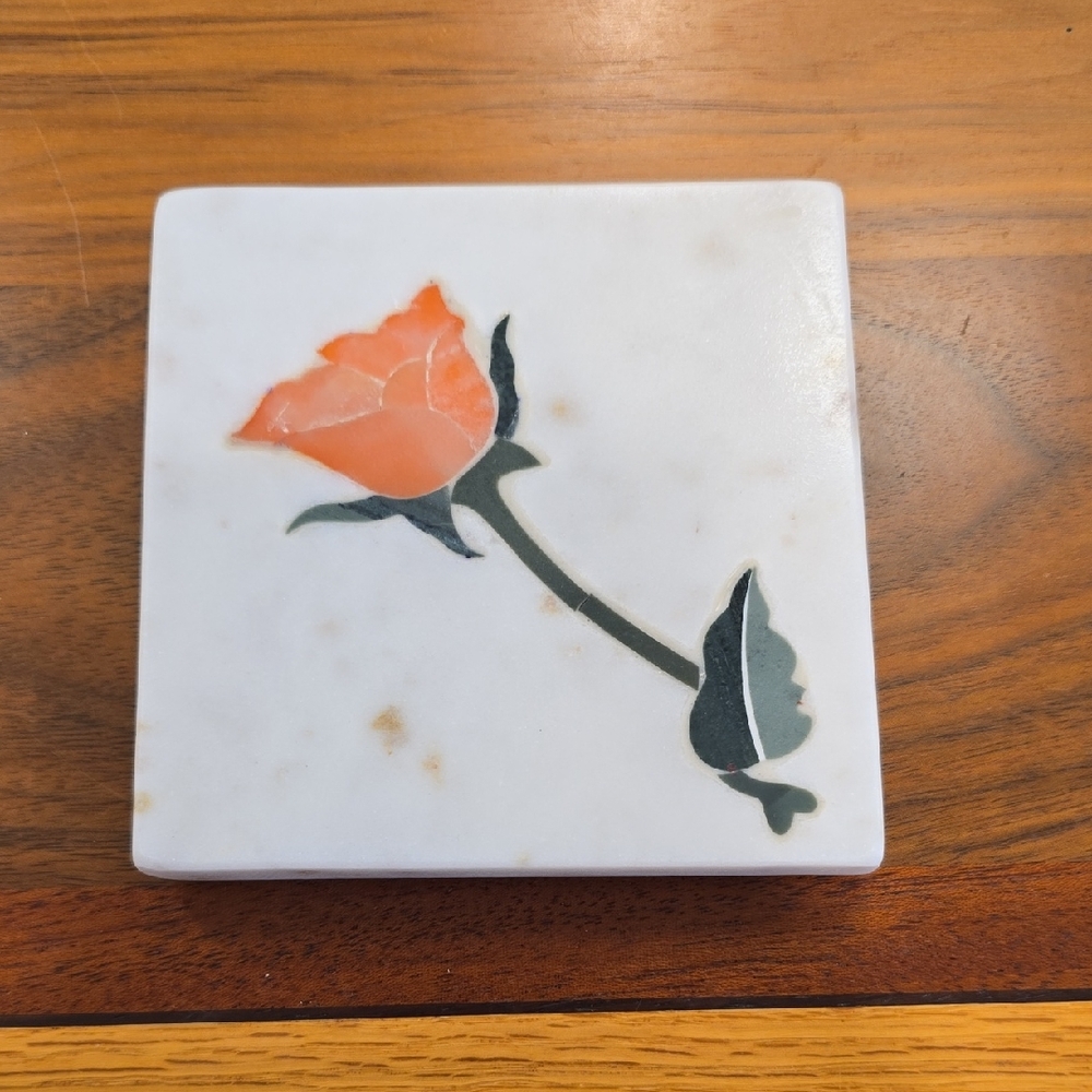 Anthropologie Floral White Marble Coaster